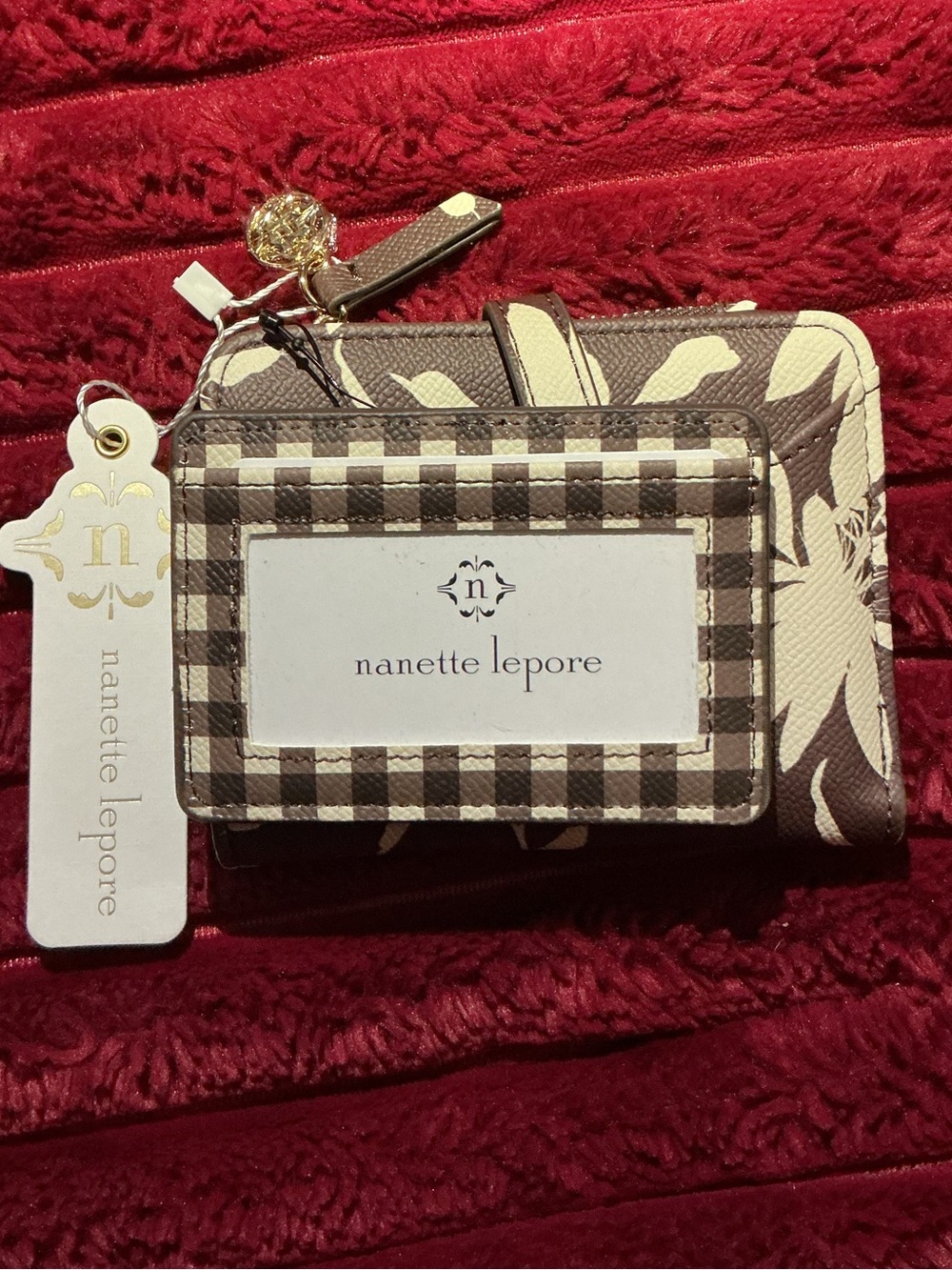 Nanette Lepore Brown and Cream Floral Card Wallet with Gold Logo - Picture 2 of 6